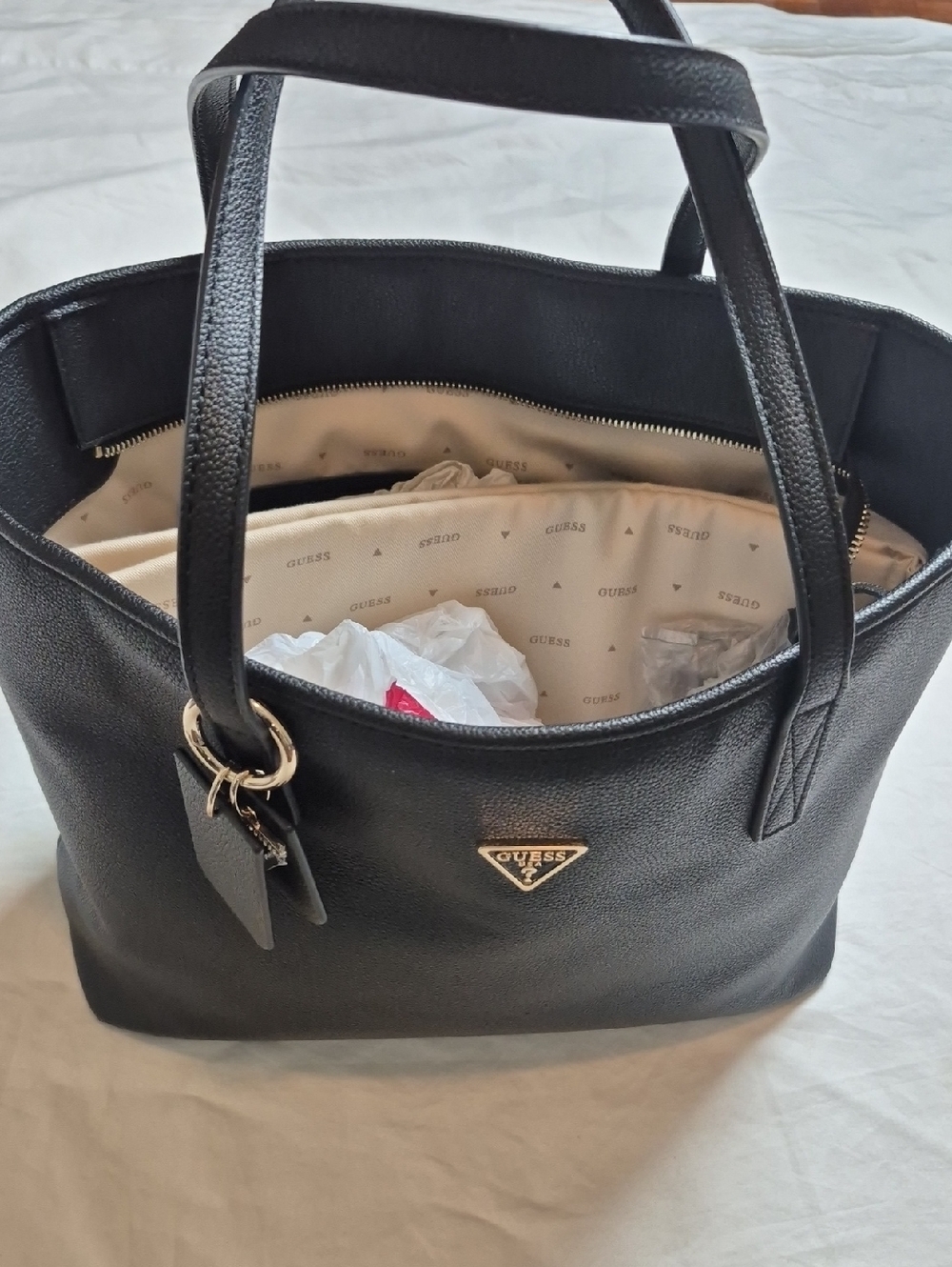 GUESS Black Tote with Gold Triangle Logo